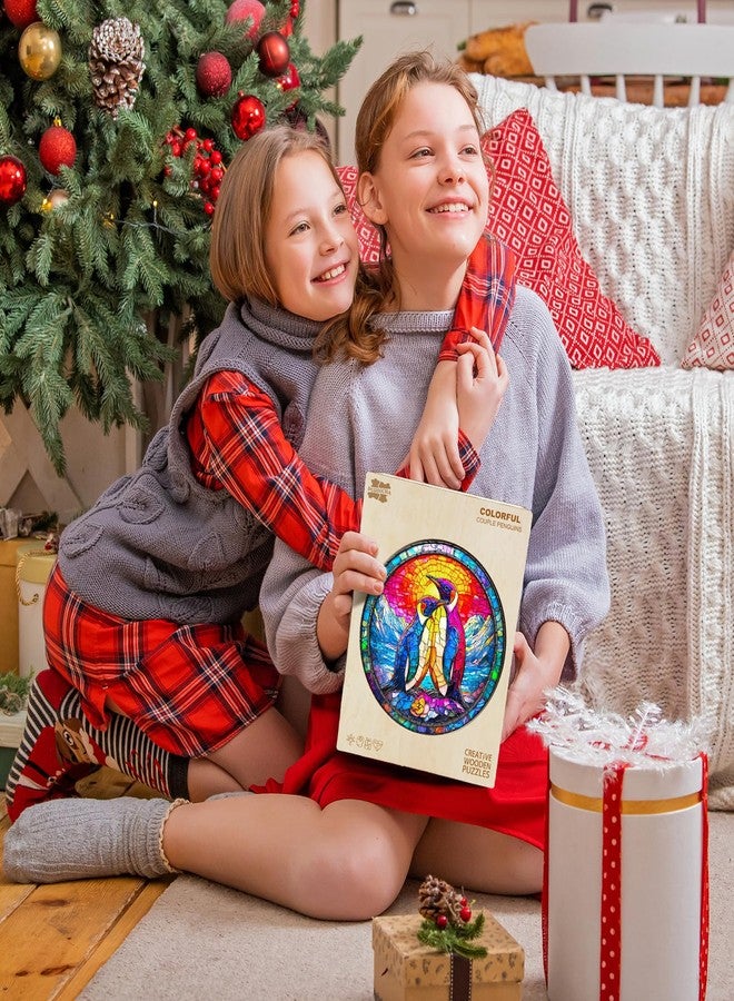 Purdicra Wooden Puzzles for Adults - Colorful Couple Penguins Wooden Jigsaw Puzzle, Unique Animal Shaped Wood Puzzles Adult, Christmas Birthday Gifts for Friends/Family, Home Decor 11.4 * 11.4in 200pcs - Image 3